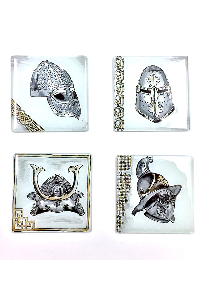 A set of coasters with helms from four different cultures and eras